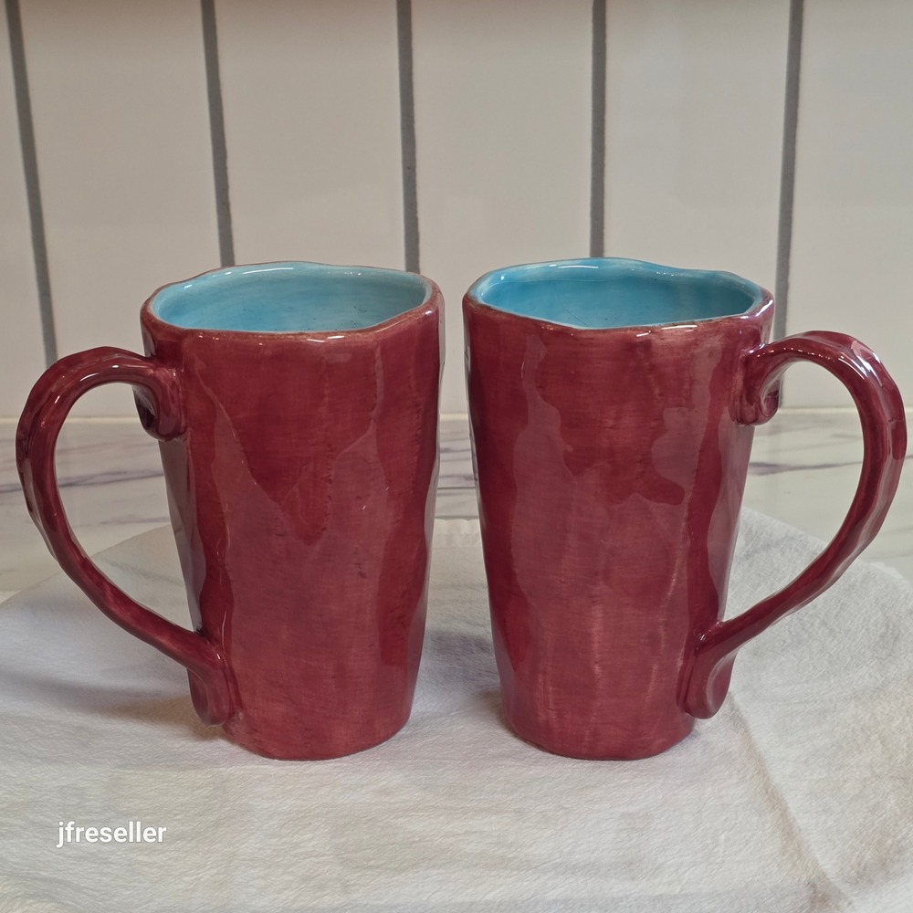 Tabletops Unlimited Gisella Mugs Set of 2 Red Burgundy Turquoise Hand Painted
